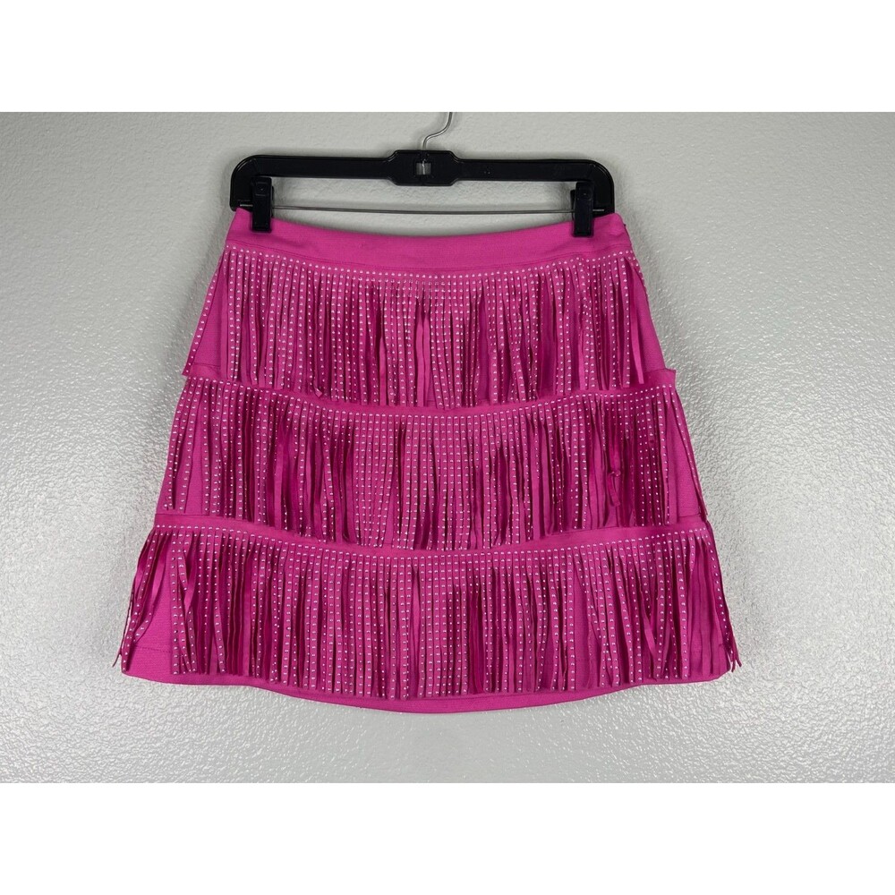 Mainstrip Women Medium Pink Skirt Fringe Silver Dot Layered Mini Party Dance
